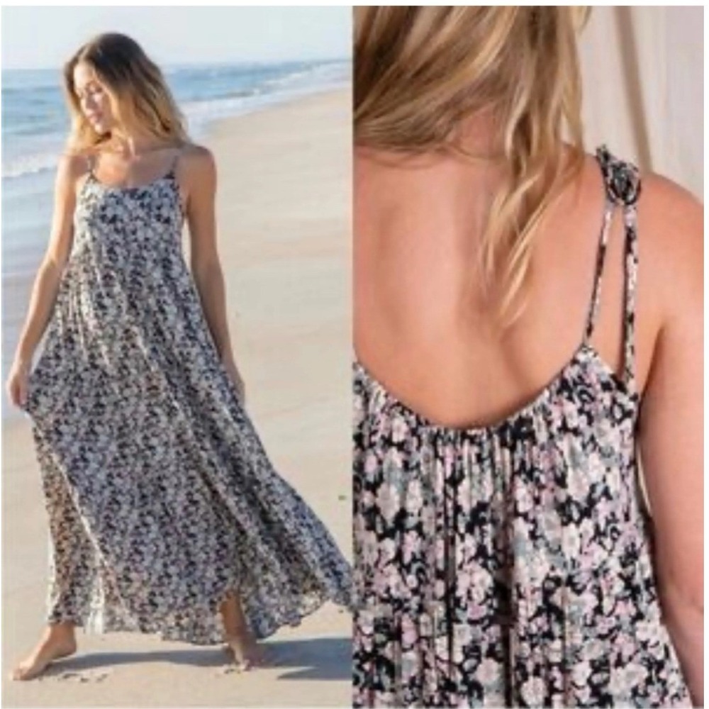 Natural Life Tiered Boho Maxi Dress Tie Shoulder Black Floral Print Size XS